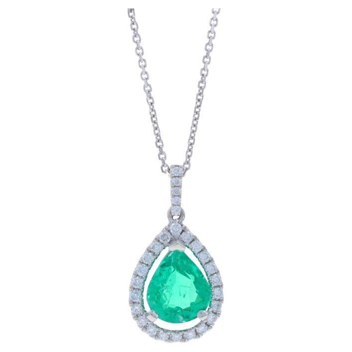 White Gold Emerald Diamond Halo Pendant Necklace 14k Pear 1.61ctw GIA Adjustable