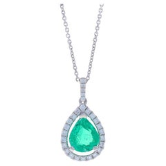 White Gold Emerald Diamond Halo Pendant Necklace 14k Pear 1.61ctw GIA Adjustable