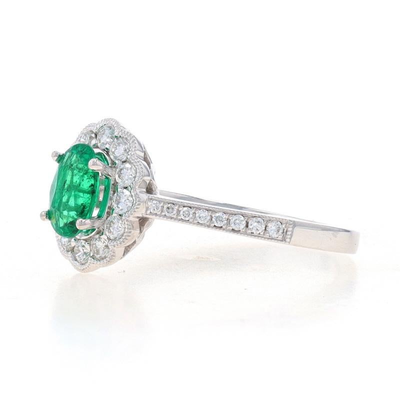 Oval Cut White Gold Emerald & Diamond Halo Ring - 14k Oval .92ctw Floral Scallop For Sale