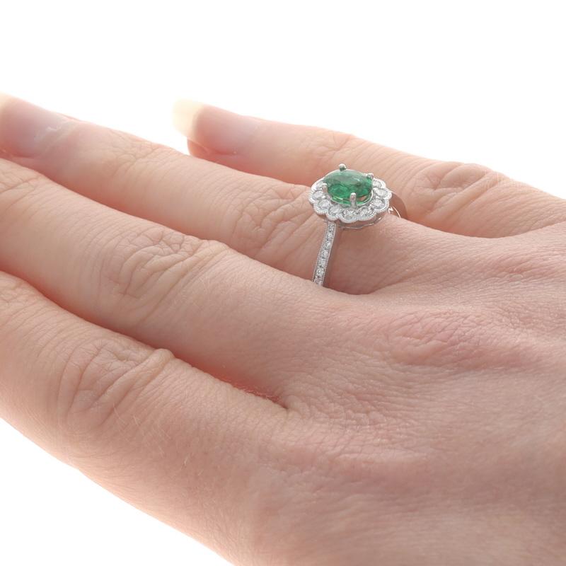 White Gold Emerald & Diamond Halo Ring - 14k Oval .92ctw Floral Scallop In New Condition For Sale In Greensboro, NC