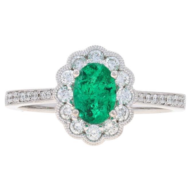 White Gold Emerald & Diamond Halo Ring - 14k Oval .92ctw Floral Scallop For Sale