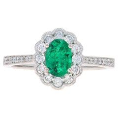 White Gold Emerald & Diamond Halo Ring - 14k Oval .92ctw Floral Scallop