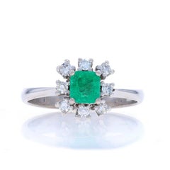 White Gold Emerald & Diamond Halo Ring - 18k Emerald Cut .38ctw