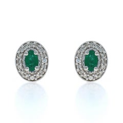 White Gold Emerald Diamond Halo Stud Earrings - 14k Oval .82ctw Pierced