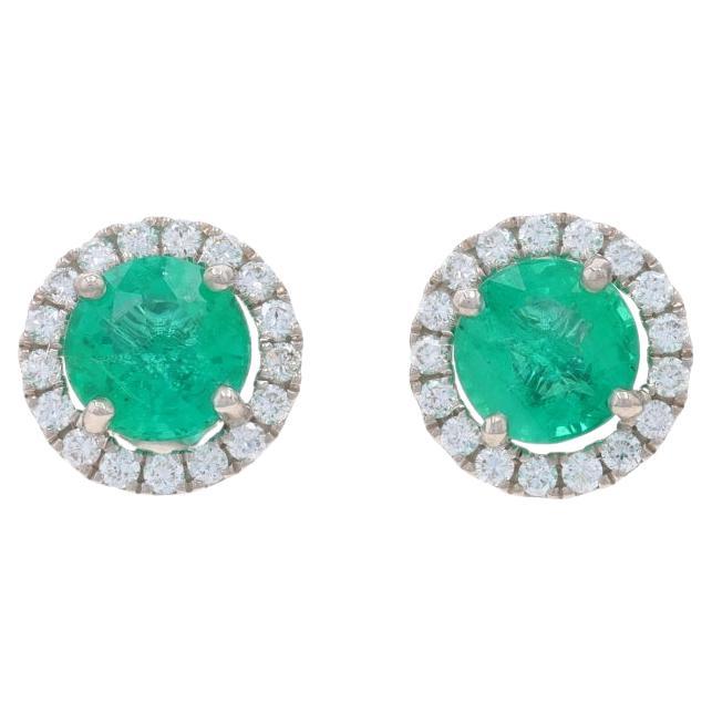 White Gold Emerald Diamond Halo Stud Earrings - 14k Round 3.25ctw Pierced