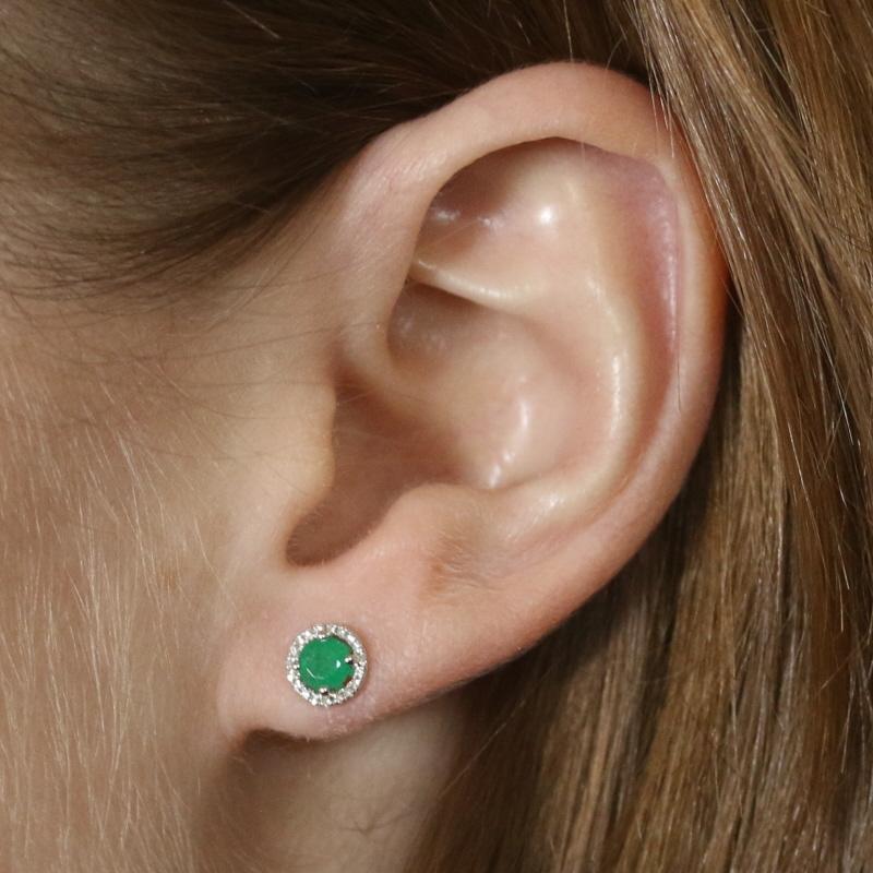 White Gold Emerald & Diamond Halo Stud Earrings - 14k Round .70ctw Pierced In New Condition In Greensboro, NC