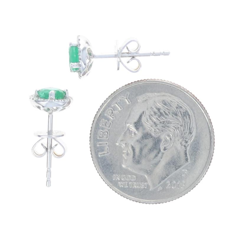 Women's White Gold Emerald & Diamond Halo Stud Earrings - 14k Round .70ctw Pierced
