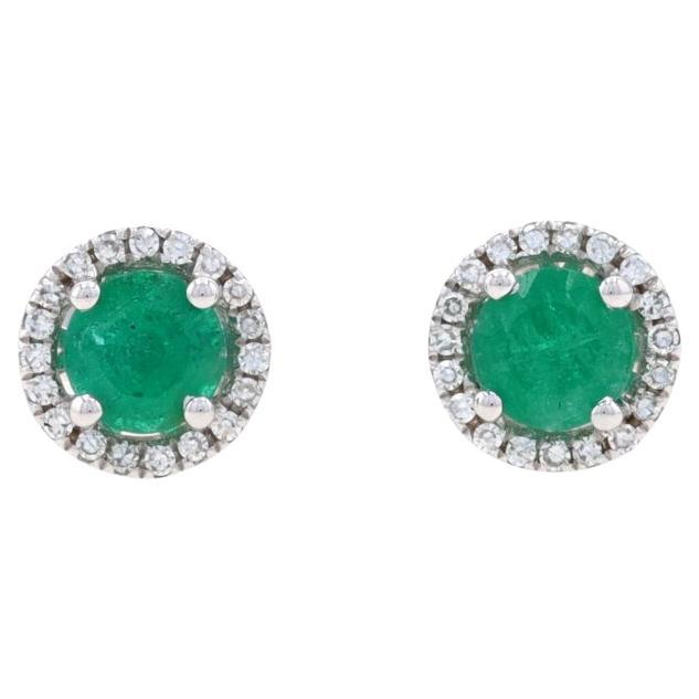 White Gold Emerald & Diamond Halo Stud Earrings - 14k Round .70ctw Pierced For Sale