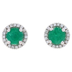 White Gold Emerald & Diamond Halo Stud Earrings - 14k Round .70ctw Pierced