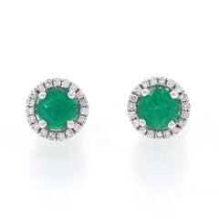 White Gold Emerald & Diamond Halo Stud Earrings - 14k Round .70ctw Pierced