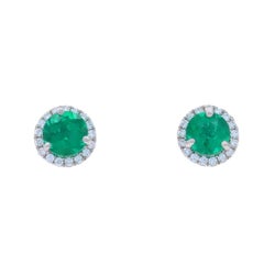White Gold Emerald Diamond Halo Stud Earrings - 14k Round .96ctw Pierced