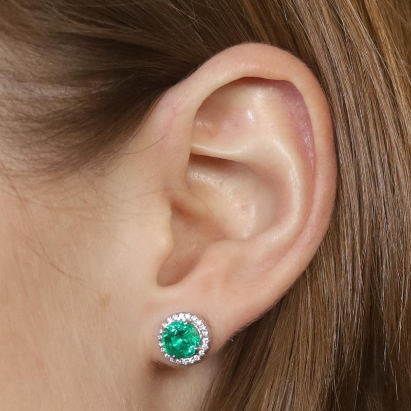 Round Cut White Gold Emerald & Diamond Halo Stud Earrings - 18k Round 2.61ctw GIA Pierced For Sale
