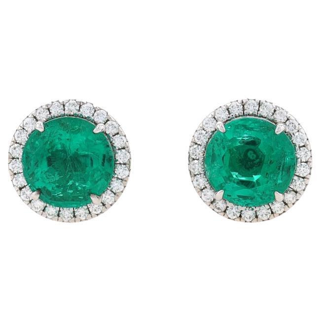 White Gold Emerald & Diamond Halo Stud Earrings - 18k Round 2.61ctw GIA Pierced For Sale