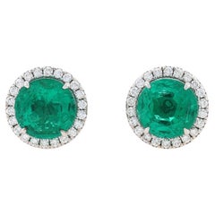 White Gold Emerald & Diamond Halo Stud Earrings - 18k Round 2.61ctw GIA Pierced