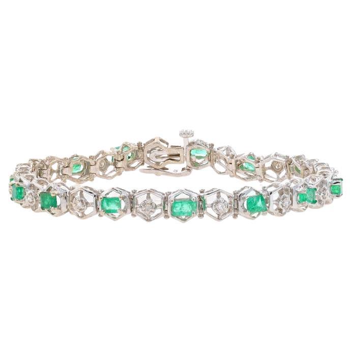 White Gold Emerald & Diamond Hexagon Link Bracelet 6 3/4" - 14k 3.06ctw Tennis For Sale