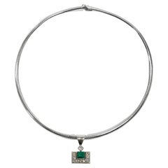 White Gold Emerald Diamond Pendant Omega Necklace