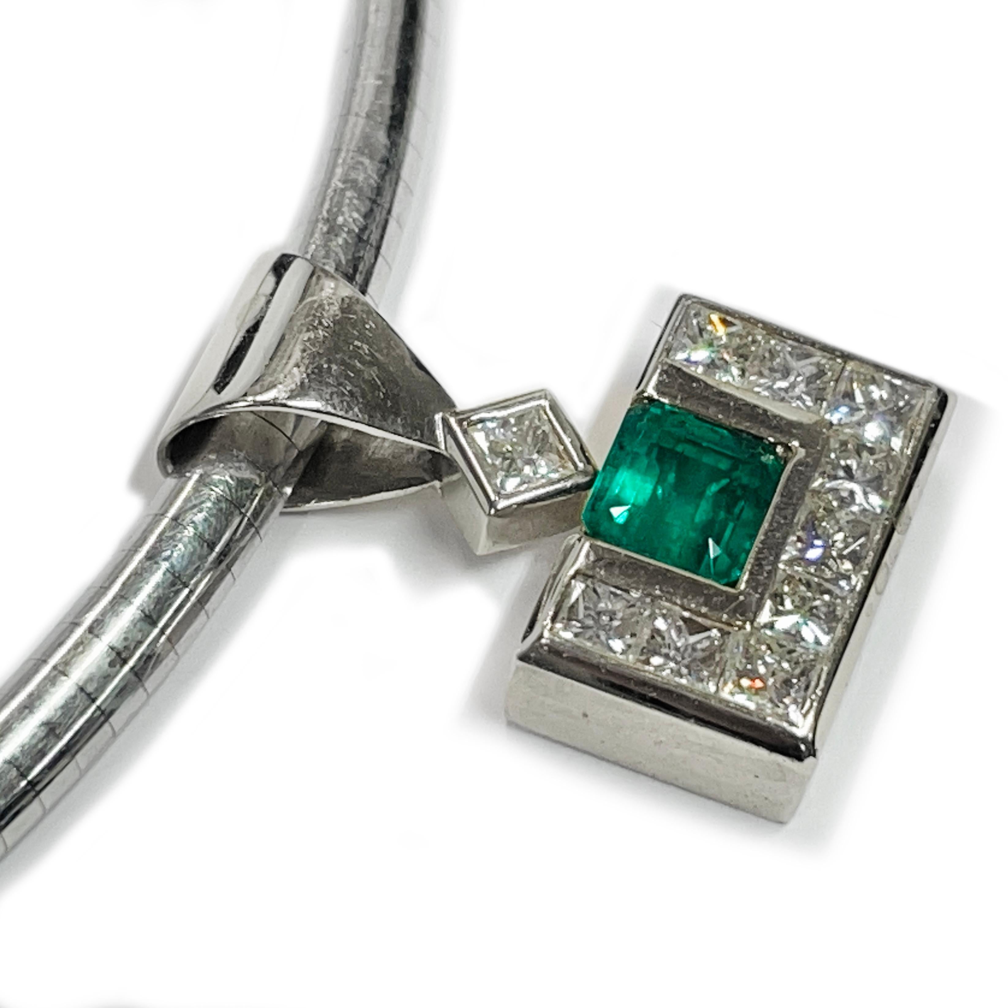 White Gold Emerald Diamond Pendant Omega Necklace