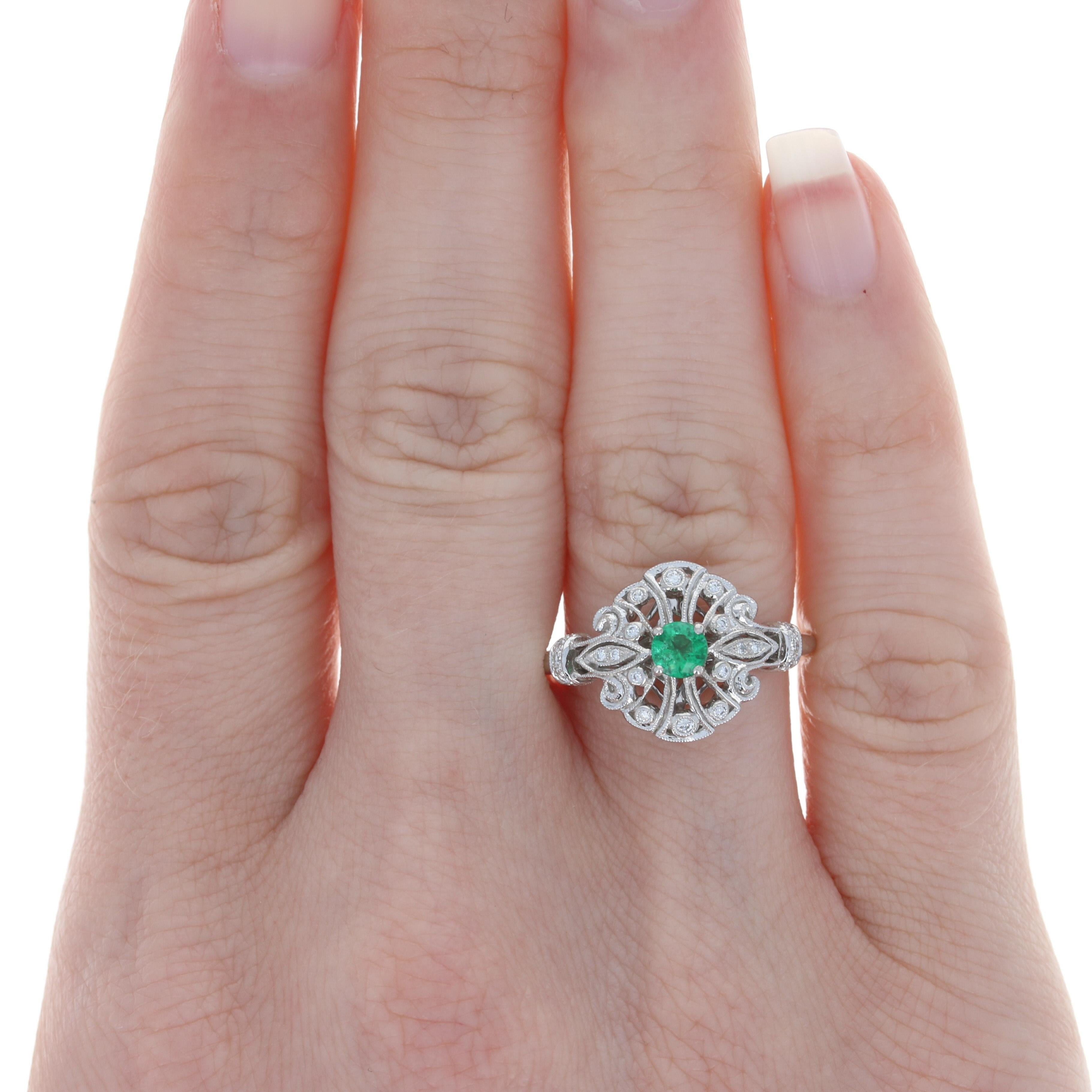 White Gold Emerald and Diamond Ring, 14 Karat Round Cut .22 Carat Milgrain In New Condition In Greensboro, NC