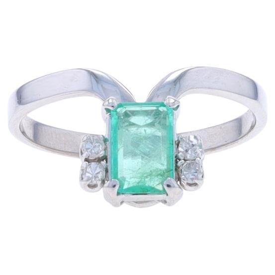 White Gold Emerald & Diamond Ring - 18k Emerald Cut .51ctw For Sale