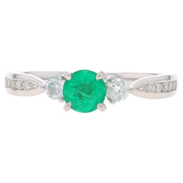 White Gold Emerald & Diamond Ring - 18k Round 1.12ctw Engagement For Sale