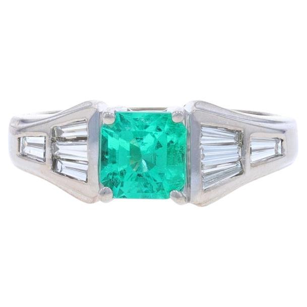 White Gold Emerald & Diamond Ring - 18k Square Step 1.74ctw Size 7