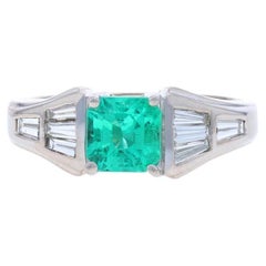 Bague carrée en or blanc 18 carats avec émeraude et diamants 1,74 ctw Taille 7