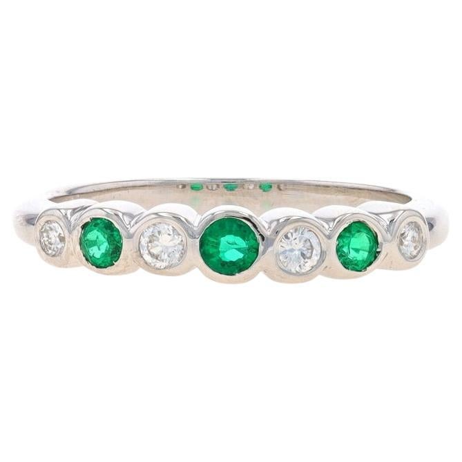 White Gold Emerald Diamond Seven-Stone Band 14k Rnd.42ctw Bezel Set Wedding Ring For Sale