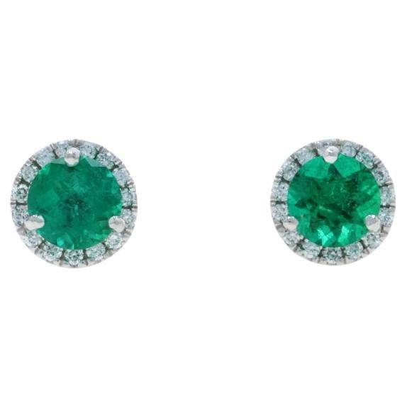 White Gold Emerald Diamond Stud Earrings - 14k Round .94ctw Pierced For Sale