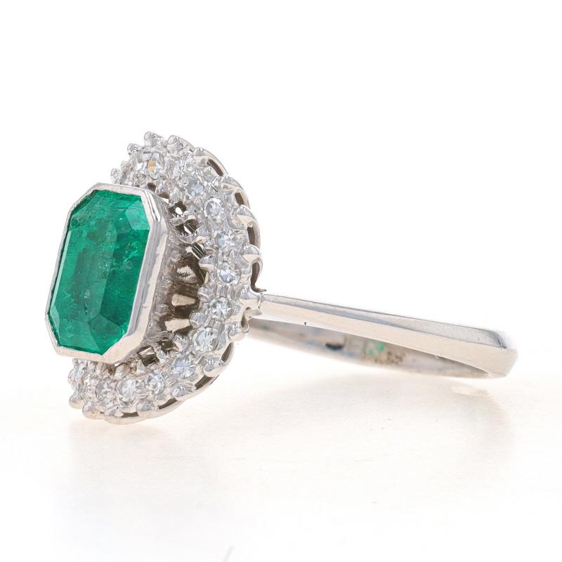 White Gold Emerald & Diamond Vintage Halo Ring - 18k Emerald Cut 2.47ctw In Good Condition For Sale In Greensboro, NC