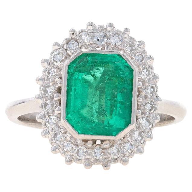 White Gold Emerald & Diamond Vintage Halo Ring - 18k Emerald Cut 2.47ctw