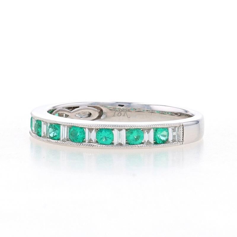 Emerald Cut White Gold Emerald & Diamond Wedding Band -18k Rnd .64ctw Milgrain Ring Sz 6 1/2 For Sale