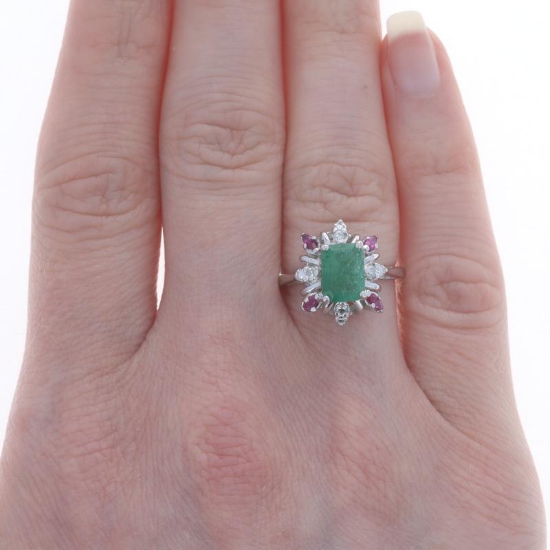 White Gold Emerald, Ruby, & Diamond Halo Ring - 14k Emerald Cut 1.54ctw In Excellent Condition For Sale In Greensboro, NC