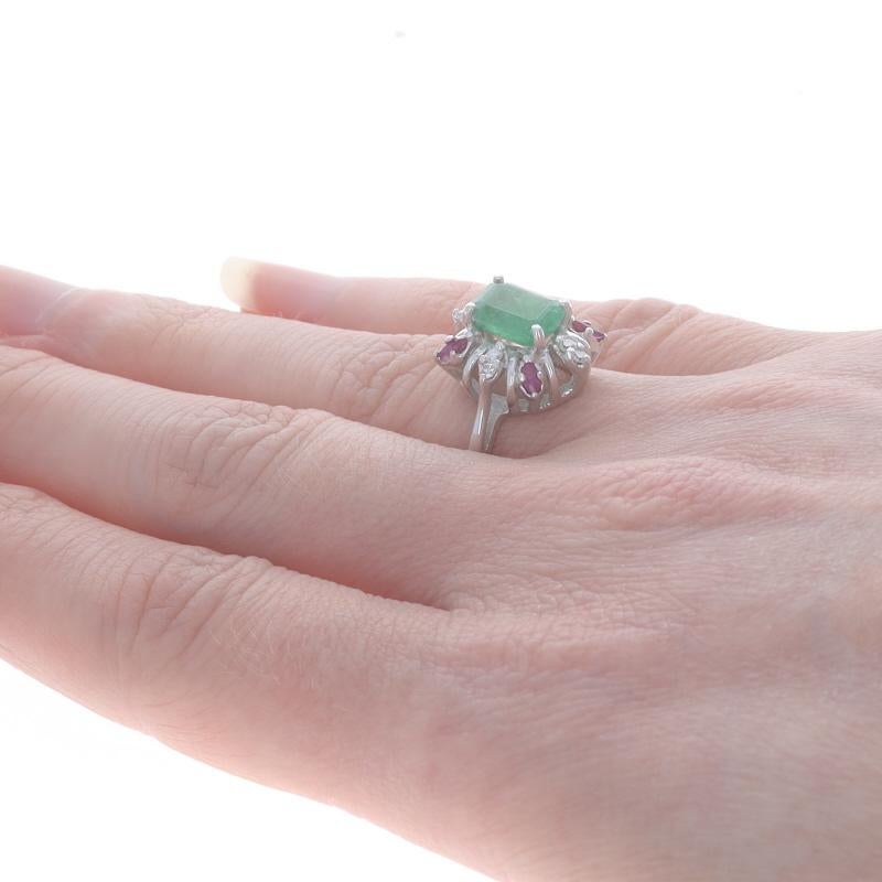 Women's White Gold Emerald, Ruby, & Diamond Halo Ring - 14k Emerald Cut 1.54ctw For Sale