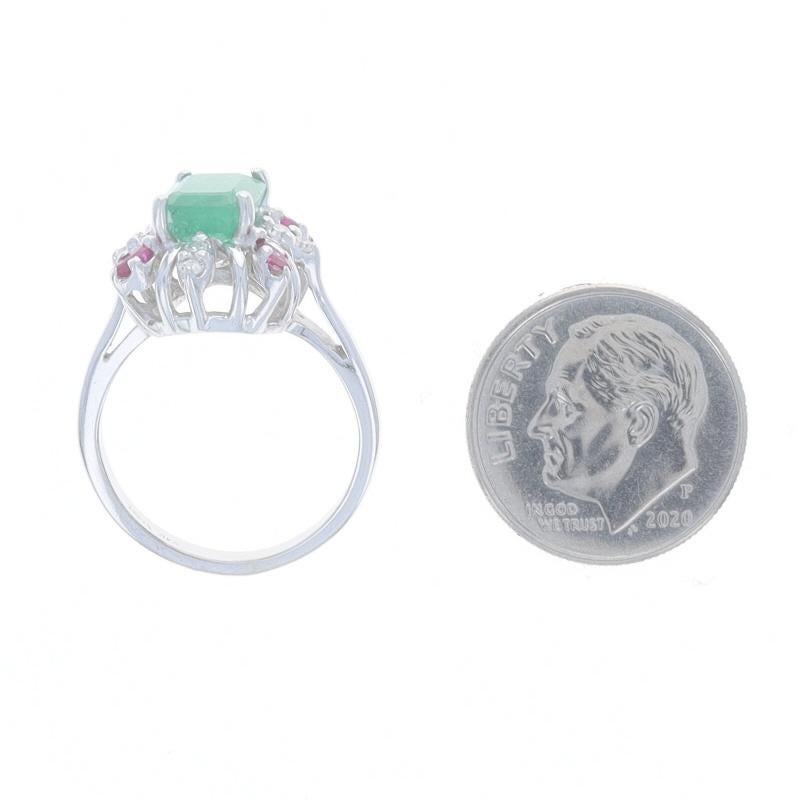 White Gold Emerald, Ruby, & Diamond Halo Ring - 14k Emerald Cut 1.54ctw For Sale 1
