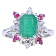 White Gold Emerald, Ruby, & Diamond Halo Ring - 14k Emerald Cut 1.54ctw
