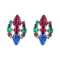 Art Deco 18K White Gold Tutti-Frutti Earrings with Diamonds