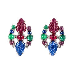  Art Deco 18K White Gold Tutti-Frutti Earrings with Diamonds