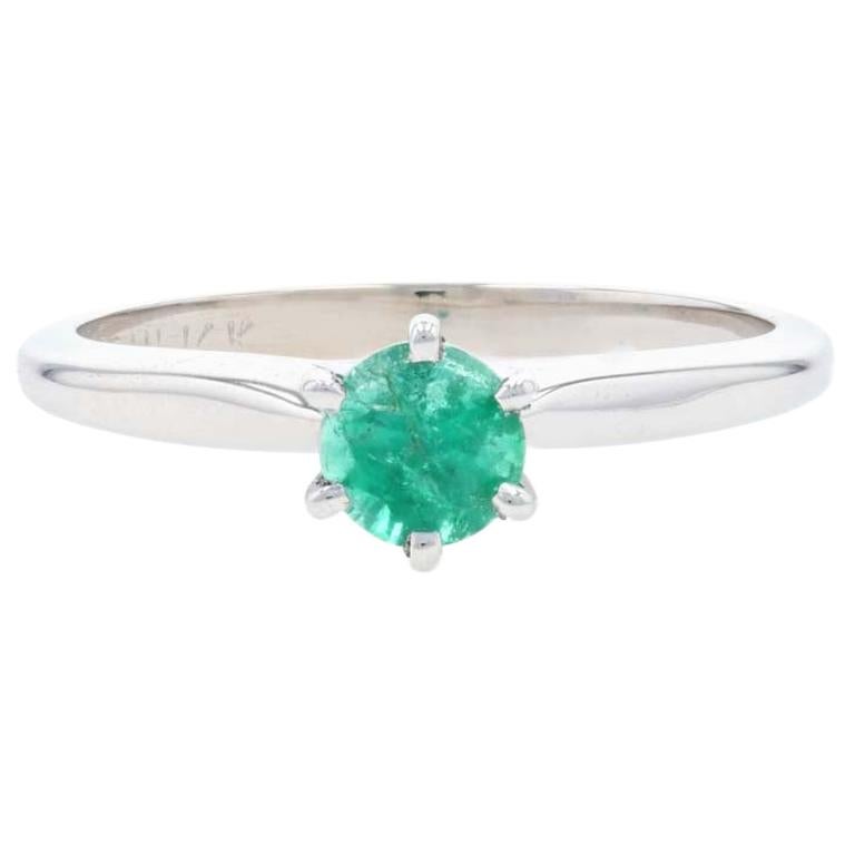 White Gold Emerald Solitaire Ring, 14k Round Cut .36ct Engagement