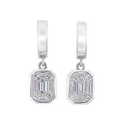 White Gold Emerald-Style Piecut Diamond Huggie Drop Earrings