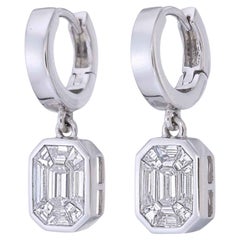 White Gold Emerald-Style Piecut Diamond Huggie Drop Earrings