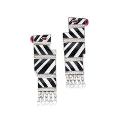 Italian Enamel, Diamond, Rock Crystal and Ruby Zebra Drop Earclips
