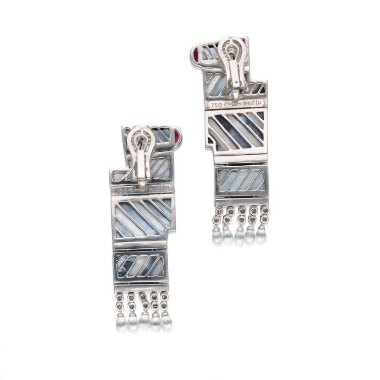 Italian Enamel, Diamond, Rock Crystal and Ruby Zebra Drop Earclips In Excellent Condition For Sale In New York, US