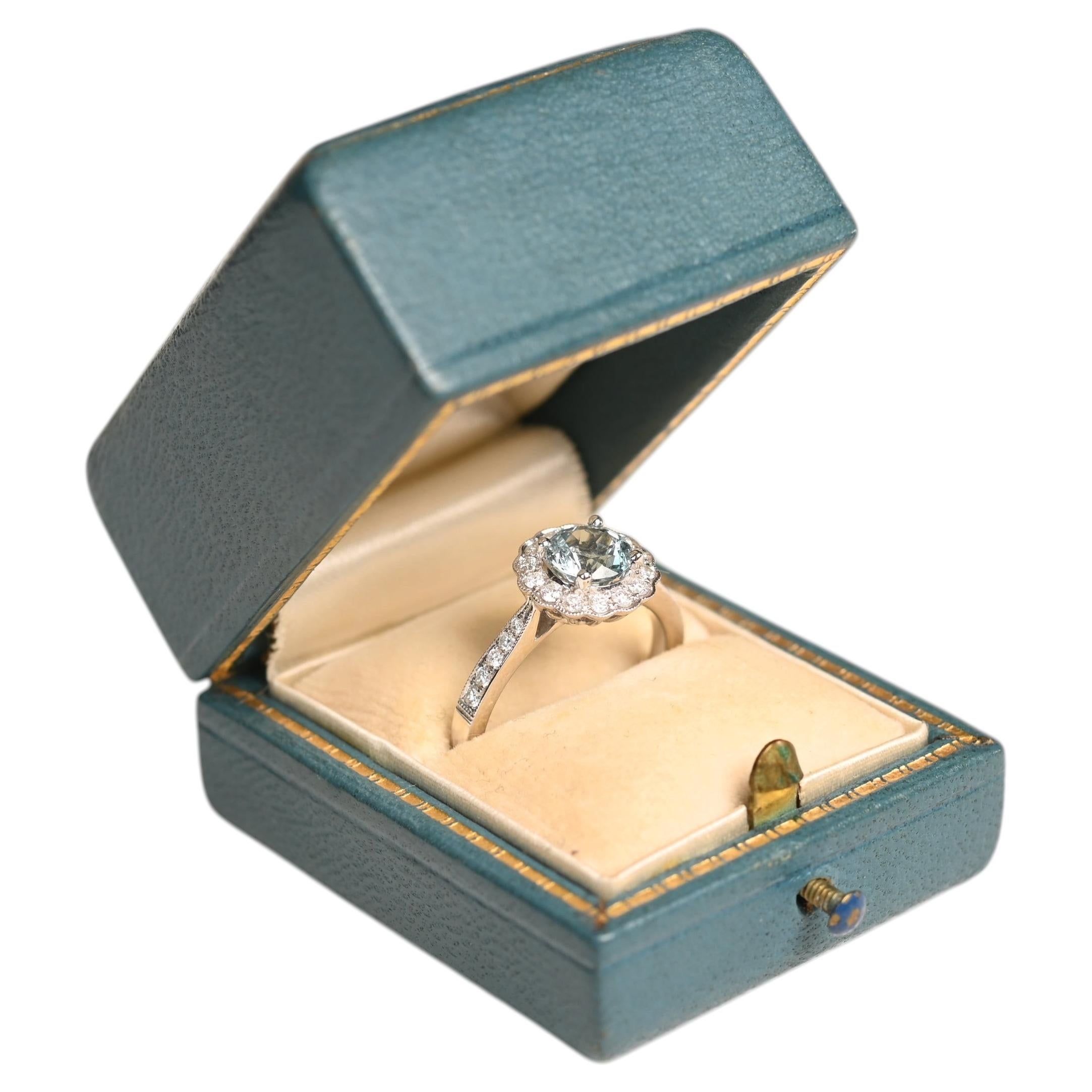 0.70 Carat Aquamarine Engagement Ring. Round Aquamarine Diamond Cluster 18k Gold For Sale