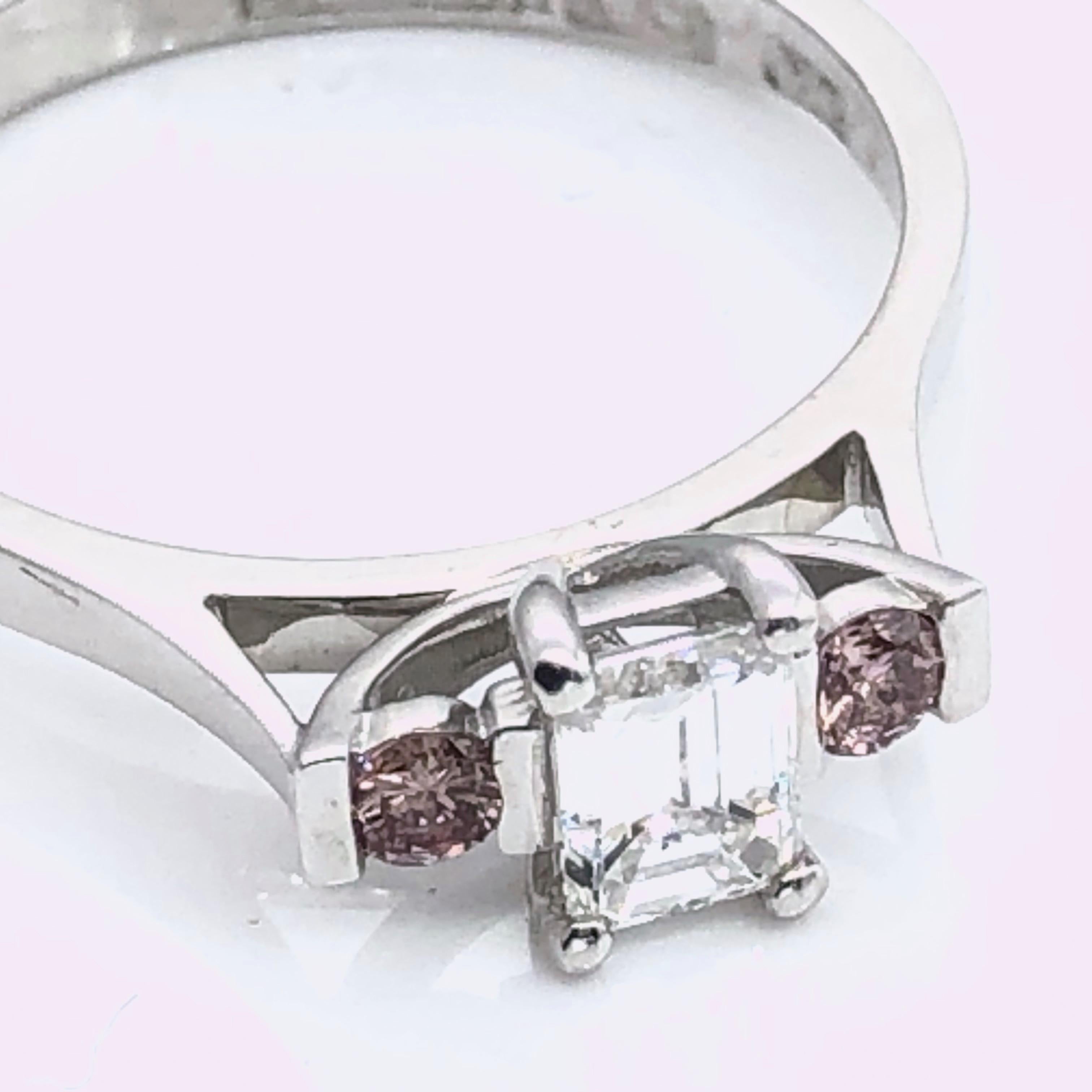 Women's White Gold Engagement Ring, Emerald Cut Diamond with Two Natural Pink Diamonds For Sale