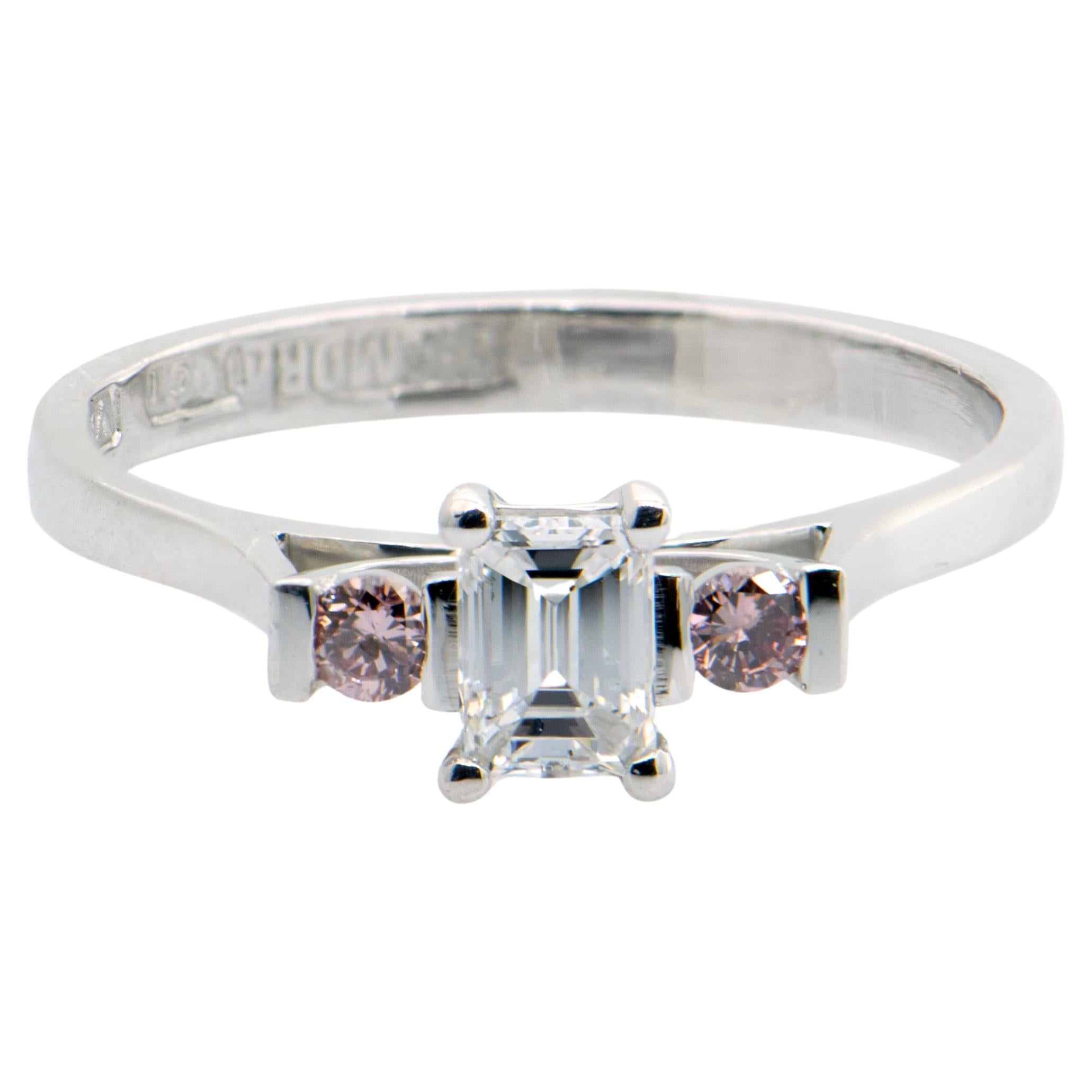 White Gold Engagement Ring, Emerald Cut Diamond with Two Natural Pink Diamonds For Sale