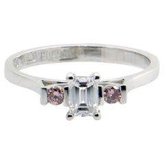 White Gold Engagement Ring, Emerald Cut Diamond with Two Natural Pink Diamonds