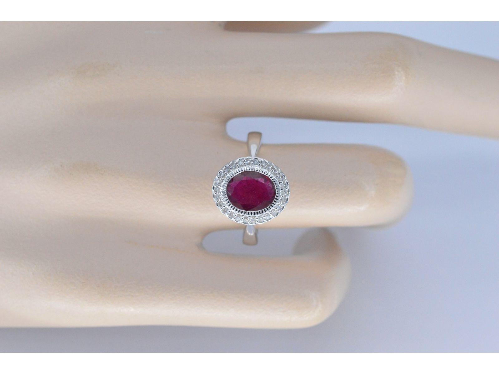 Diamonds

Weight: 0.15 carat

Cut: Brilliant cut

Colour: F-G

Clarity: SI-P

Quality: Very good

Gemstone: Ruby

Cut: Oval cut

Colour: Red

Weight: 2.50 carat

Jewel: Ring

Weight: 4.0 gram

Hallmark: 14 karat 

Ring size: 54 (17.25