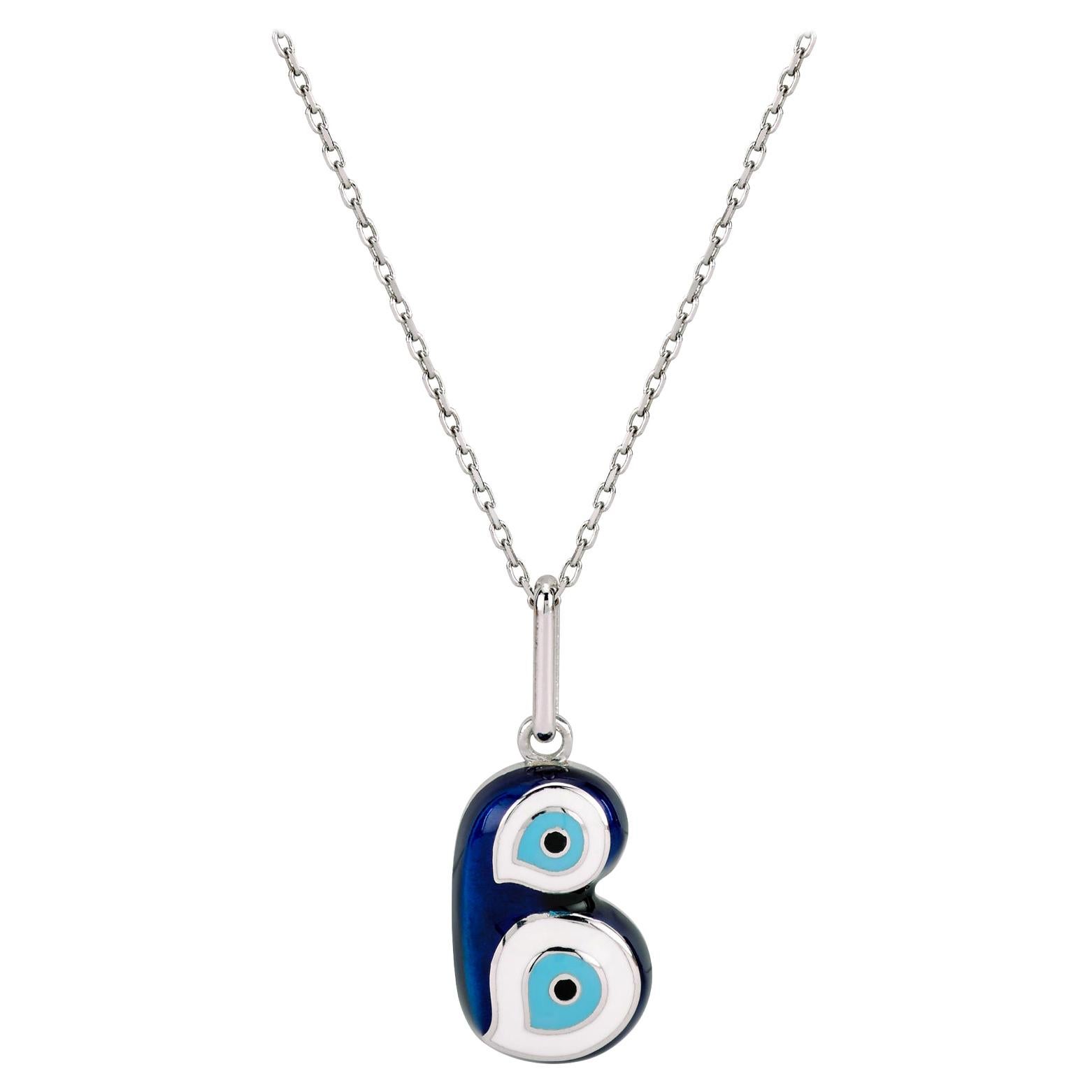 White Gold Evil Eye Initial B Charm Necklace, Handcrafting Blue Turquoise Enamel For Sale