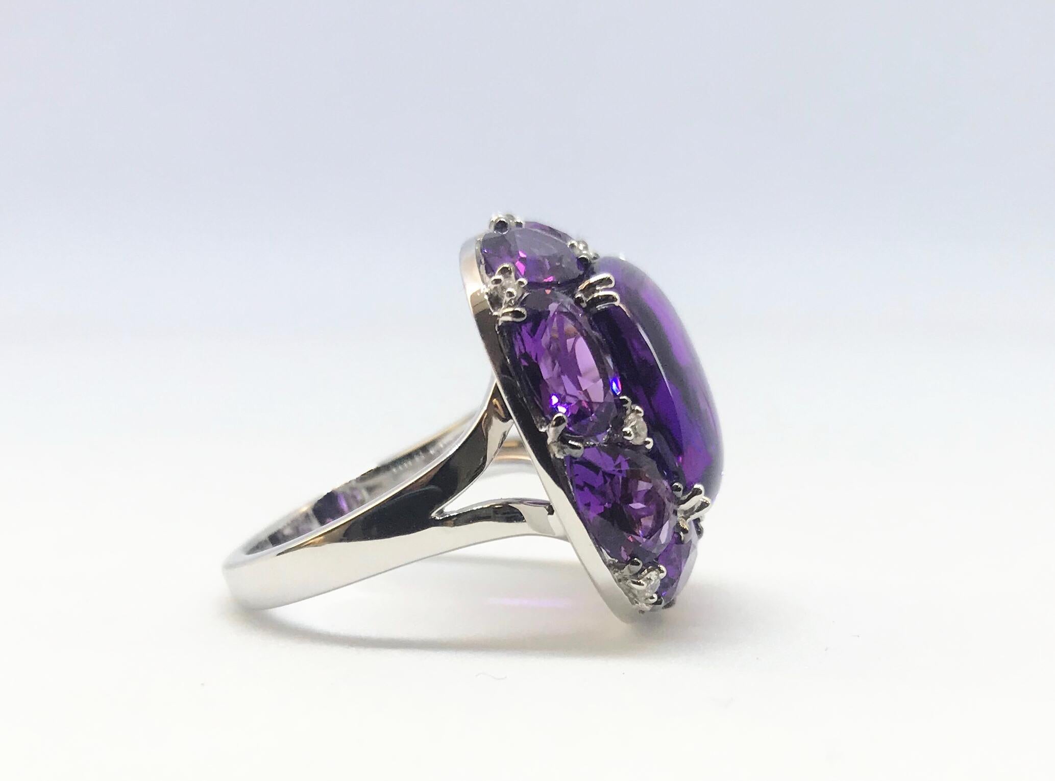 Contemporary White Gold Faceted and Cabochon-Cut Amethyst and Diamond Ring