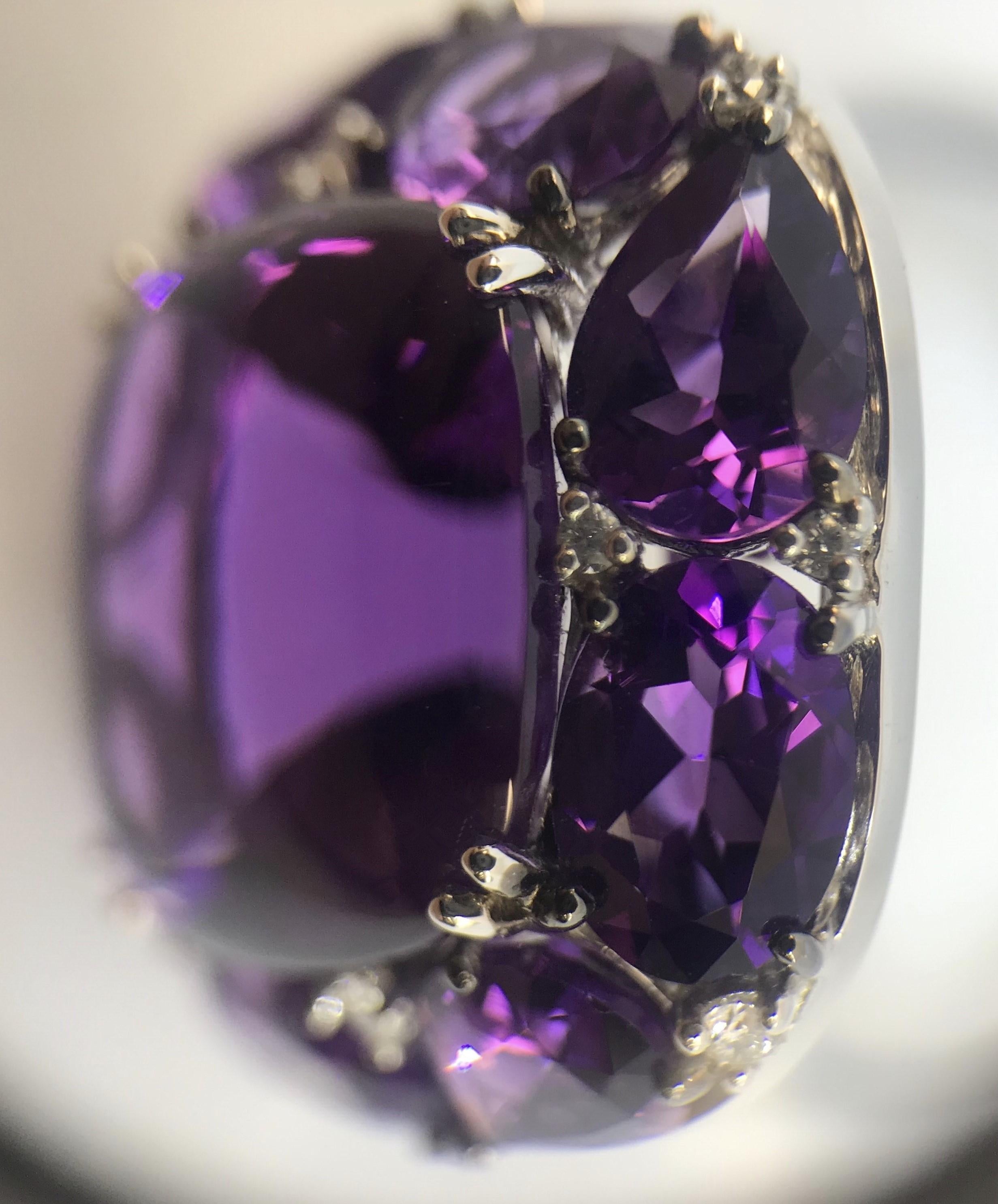 White Gold Faceted and Cabochon-Cut Amethyst and Diamond Ring In New Condition In San Francisco, CA